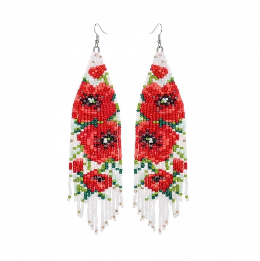 šļø Large Handcrafted Poppy Beaded Earrings